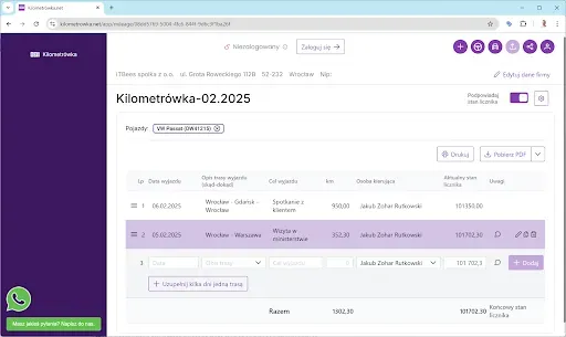 Ewidencja przebiegu pojazdu