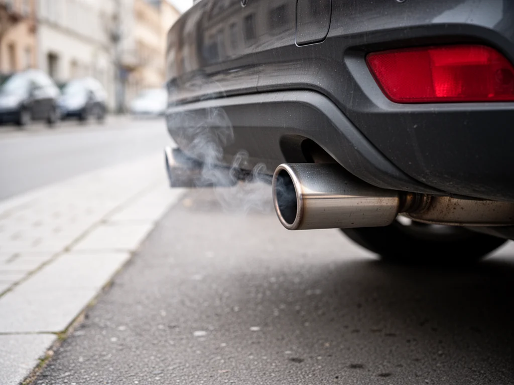 Rura wydechowa auta emitująca lekki dym na postoju, ilustrująca proces wypalania filtra DPF w warunkach miejskich.