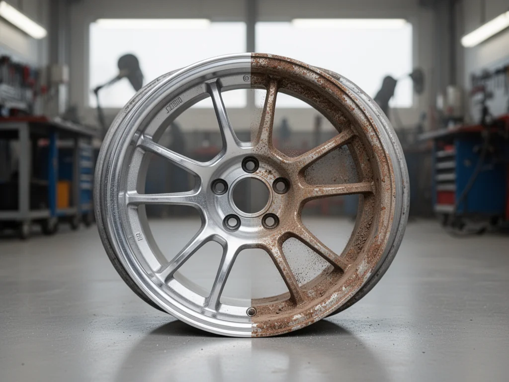 Felga aluminiowa w połowie wypiaskowana, w połowie skorodowana, ukazująca efekt piaskowania i różnicę przed i po usłudze